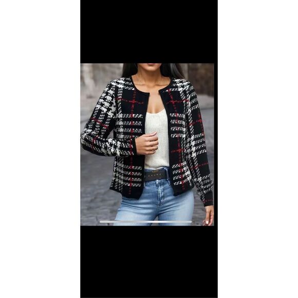 🔥Beautiful Plaid open front jacket/cardigan,casual contrast-trim jacket  XXL - Picture 1 of 11